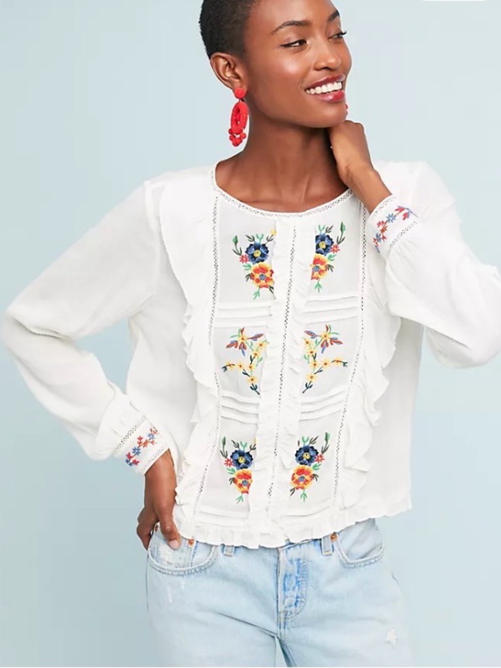 Anthropologie Serendipity Floral Embroidered Ruffled Blouse by Seen Worn Kept - Picture 1 of 5
